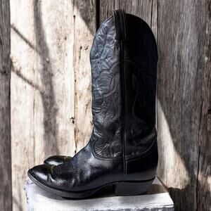 VTG Tony Lama Western Boots Mens Black Leather Cowboy USA 11” Shaft ~Sz 9.5-10